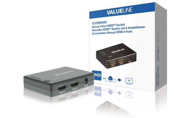 Conmutador manual HDMI de 4 puertos con 4 entradas HDMI y salida HDMI en color negro