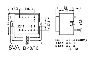 TRANSFORMADOR ENCAPSULADO 8VA 2 x 12V / 2 x 0.350A