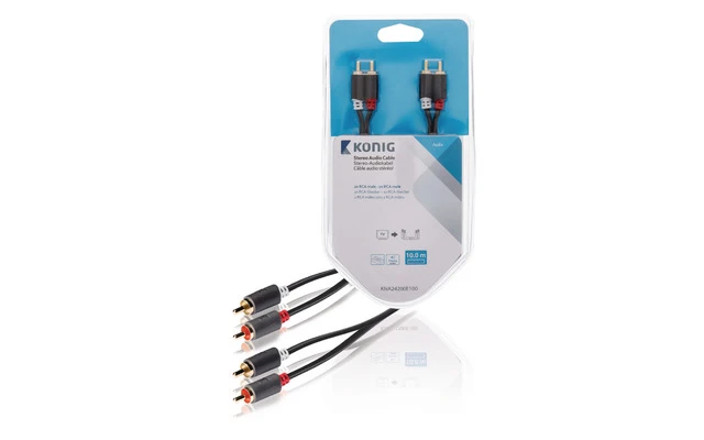 Cable de audio estéreo 2x RCA macho - 2x macho, 10,0 m en gris - König KNA24200E100