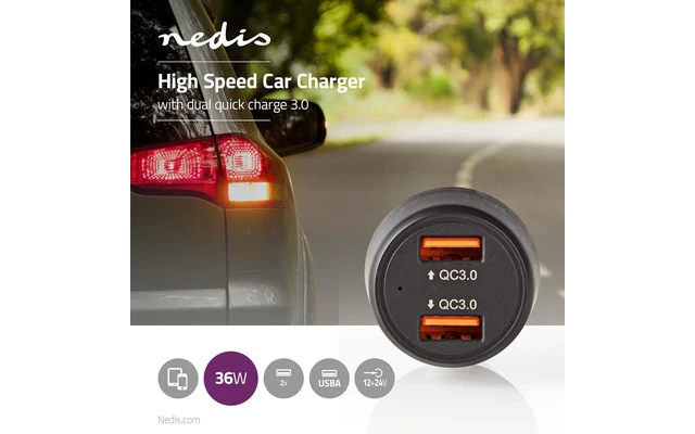 Cargador para Coche - 3,0 A - 2 x USB (QC 3.0) - Negro - Nedis CCQC600ABK