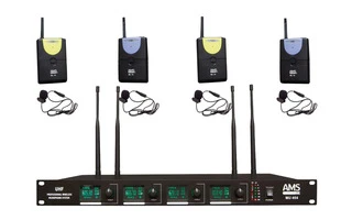 AMS MIC02404 - Inalámbrico 4 canales, receptor + 4 emisores de petaca con micro solapa/lavalier