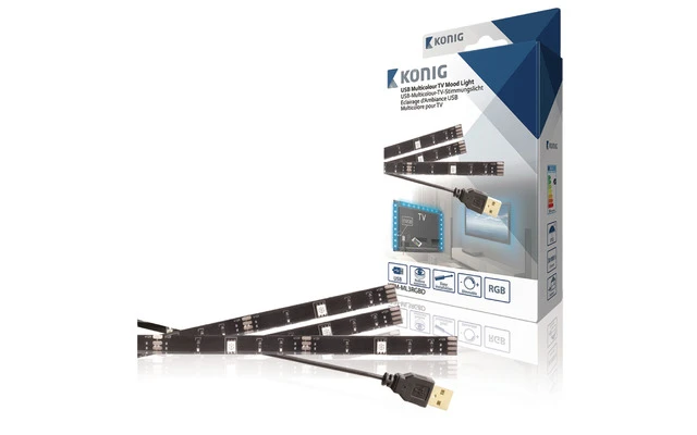 Luz ambiental atenuable mediante USB para el televisor en 2x tiras de 50 cm o 1x tira de 90 cm e