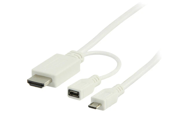 Cable MHL, USB 5-pines Micro B macho – conector HDMI + USB Micro B hembra