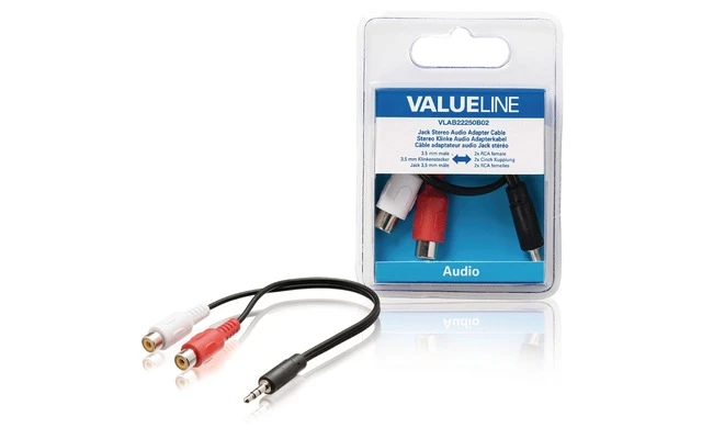 Cable adaptador de audio jack estéreo macho de 3.5 mm - 2 RCA hembra de 0.20 m en color negro