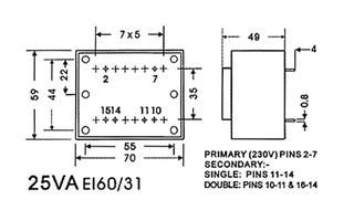TRANSFORMADOR ENCAPSULADO 25VA 2 x 9V / 2 x 1.398A
