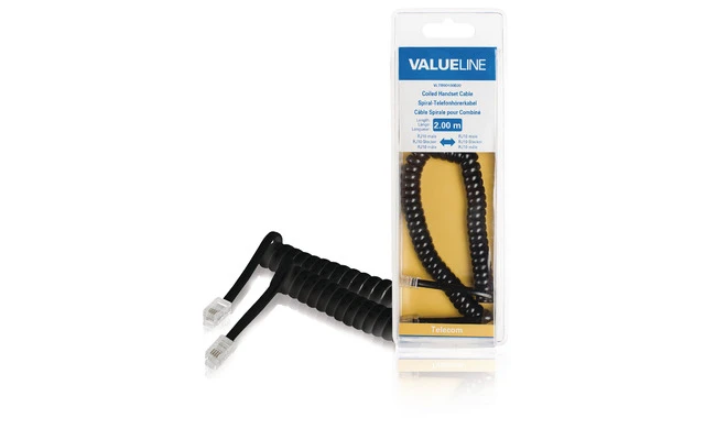 Cable espiral para teléfono, RJ10 macho – RJ10 macho, 2,00 m, negro