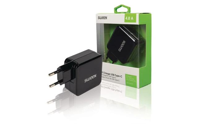 Cargador de Pared con 2 Salidas USB/USB-C de 4,8 A en Color Negro - Sweex CH-015BL