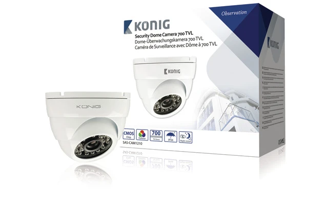 Cámara domo de seguridad con 700 TVL y cable de 18 m incluido, blanca - König SAS-CAM1210