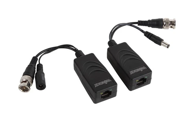 Balun vídeo/alimentación con terminal 8P8C (RJ45) y cables de alimentación