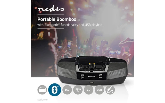 Imagenes de Boombox - 12 W - Bluetooth - Reproductor de CD/radio FM/USB/entrada auxiliar - Negro