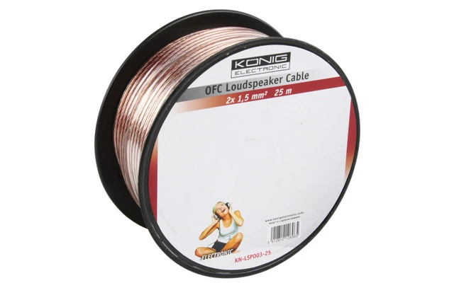 Cable OFC para altavoz de  2x 1.50mm² en bobina de 25 m transparente