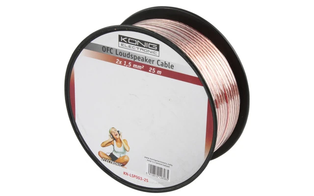 Cable OFC para altavoz de  2x 1.50mm² en bobina de 25 m transparente