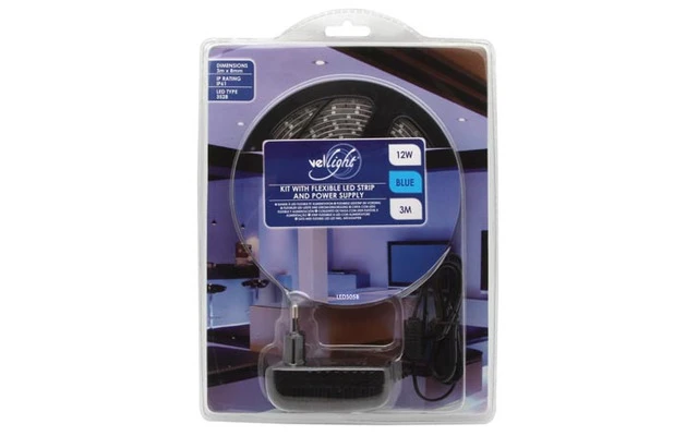 KIT TIRA LED Y FUENTE ALIMENTACIÓN , ZOLOR AZUL DE 180 LEDs - 3m - 12Vdc