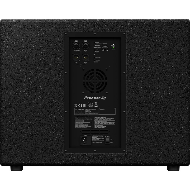 Panel trasero del subwoofer Pioneer DJ XPRS2 con entradas combo, salidas de enlace XLR, selectores de DSP y control de volumen