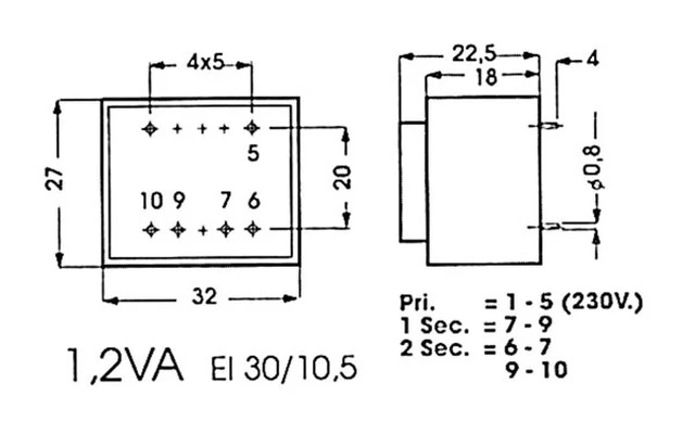 TRANSFORMADOR ENCAPSULADO 1.2VA 1 x 24V / 1 x 0.050A