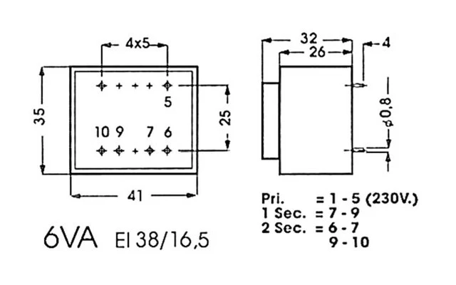 TRANSFORMADOR ENCAPSULADO 6VA 2 x 9V / 2 x 0.333A