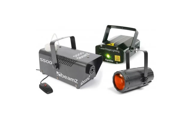 BeamZ - pack Iluminación 3: Moon Flower + Láser Verde y Rojo + S500 máquina de humo