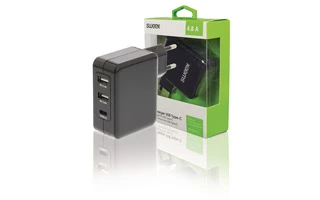 Cargador de Pared con 3 Salidas 2x USB/USB-C de 4,8 A en Color Negro - Sweex CH-016BL