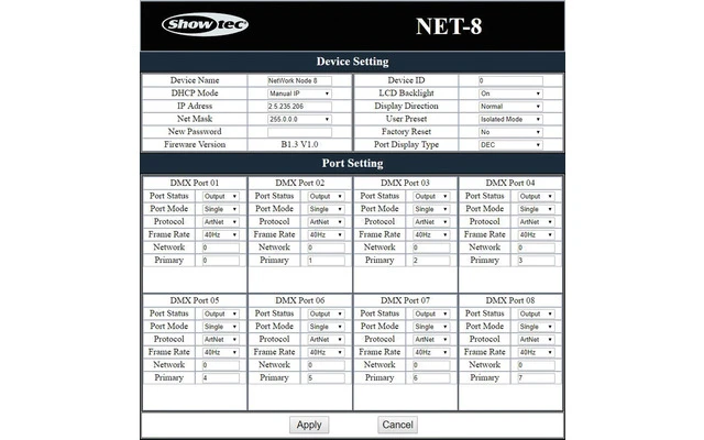 Showtec NET-8/3 - 8 Canales ART-Net / Kling Net Nodo - 5 Pin XLR