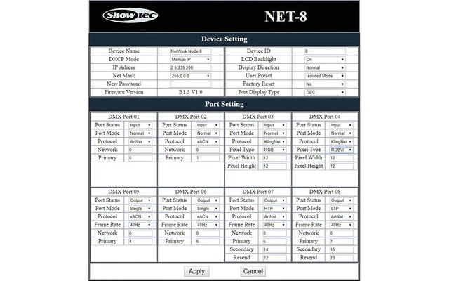 Showtec NET-8/3 - 8 Canales ART-Net / Kling Net Nodo - 5 Pin XLR