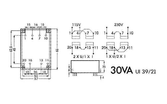 TRANSFORMADOR EXTRAPLANO 30VA 2 x 15V / 2 x 1.000A