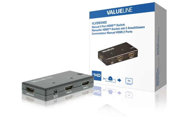 Conmutador manual HDMI de 2 puertos con 2 entradas HDMI y salida HDMI en color negro