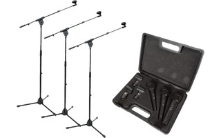Conjunto de 3 micrófonos , 6 pinzas , maletin de transporte y 3 Pie de micrófono profesional