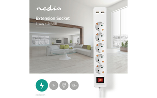 Regleta de Nedis - 5 Tomas Schuko - 2x USB - 1,5 m - Interruptor de Encendido/Apagado - Blanco -