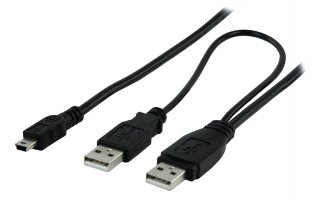 Cable Y USB de USB A macho + USB A macho a mini USB de 5 pines de 1,00 m en color negro