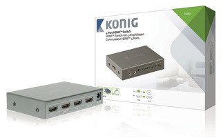 Conmutador HDMI de 4 puertos con 4 entradas HDMI y salida HDMI en color gris oscuro - König KNVS