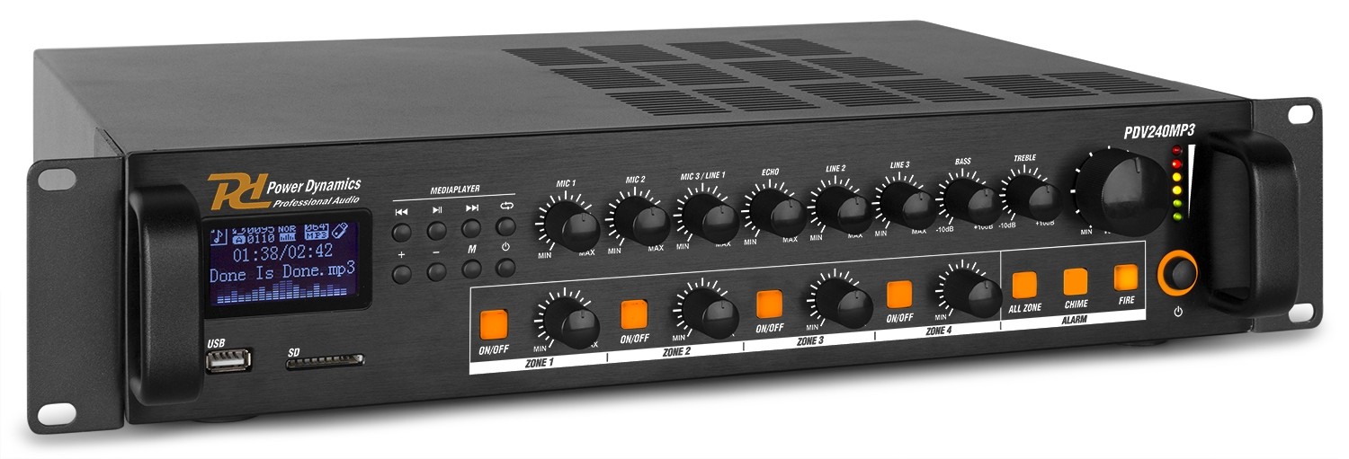 Power Dynamics PDV240MP3 PA Mixer Amplifier 240W/100V 4 zones DJMania