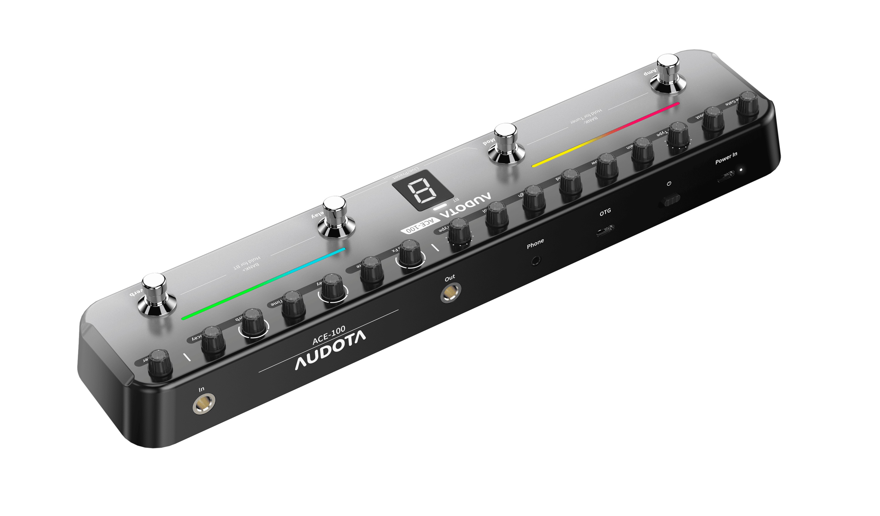 Pedalera lineal AUDOTA ACE-100 con cuatro pulsadores y mandos dedicados por efecto