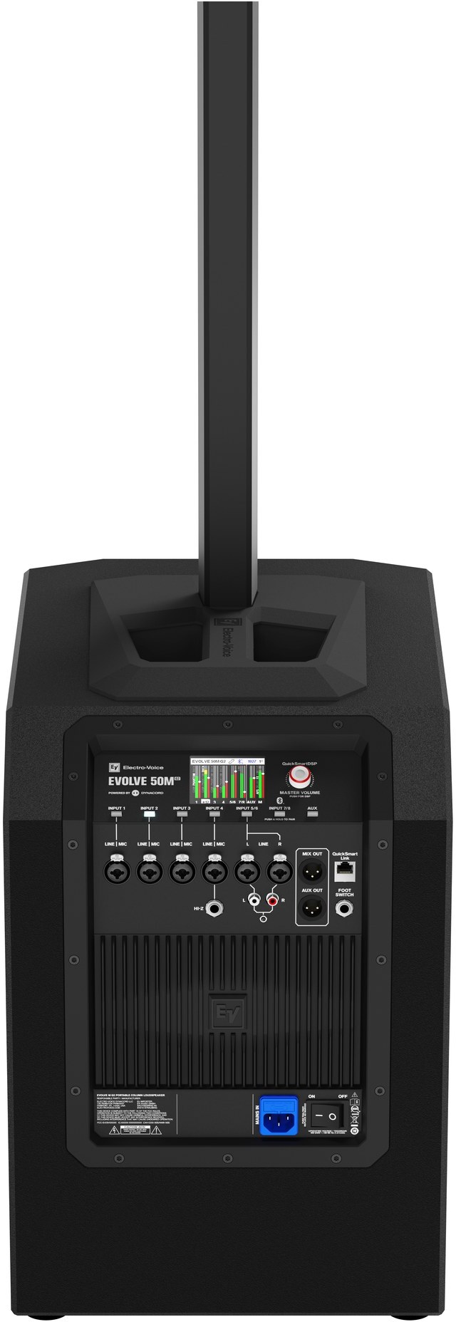 Panel trasero del Electro-Voice EVOLVE 50M G2 negro con la pantalla a color, las entradas combo y el conector QuickSmart Link