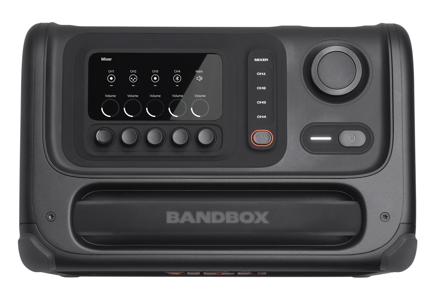 Panel superior del JBL BandBox Trio con pantalla del mezclador de 4 canales, cinco encoders y botón Stem AI