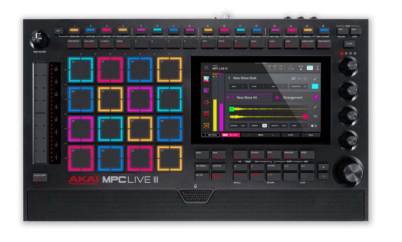 Akai MPC Live III vista frontal con sus 16 pads iluminados y la pantalla multitáctil