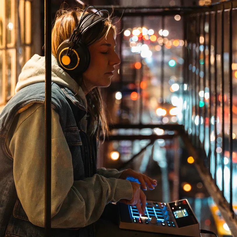 Productora usando la MPC Sample de noche en un balcón con las luces de la ciudad al fondo