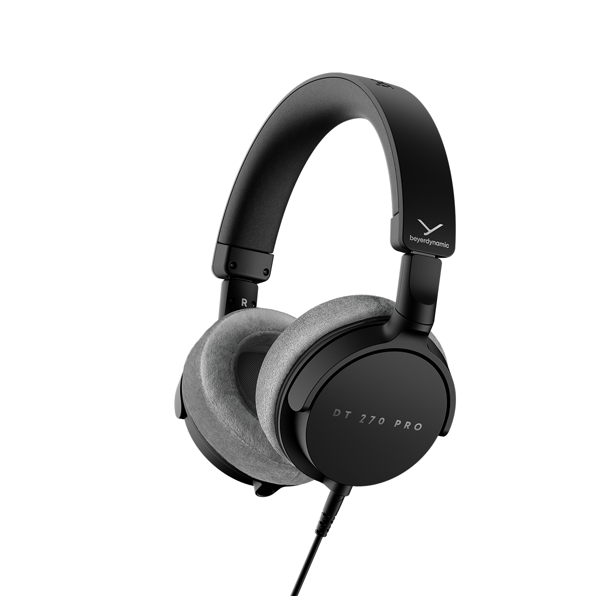 Beyerdynamic DT 270 PRO em perspetiva, com almofadas cinzentas de veludo e arco almofadado