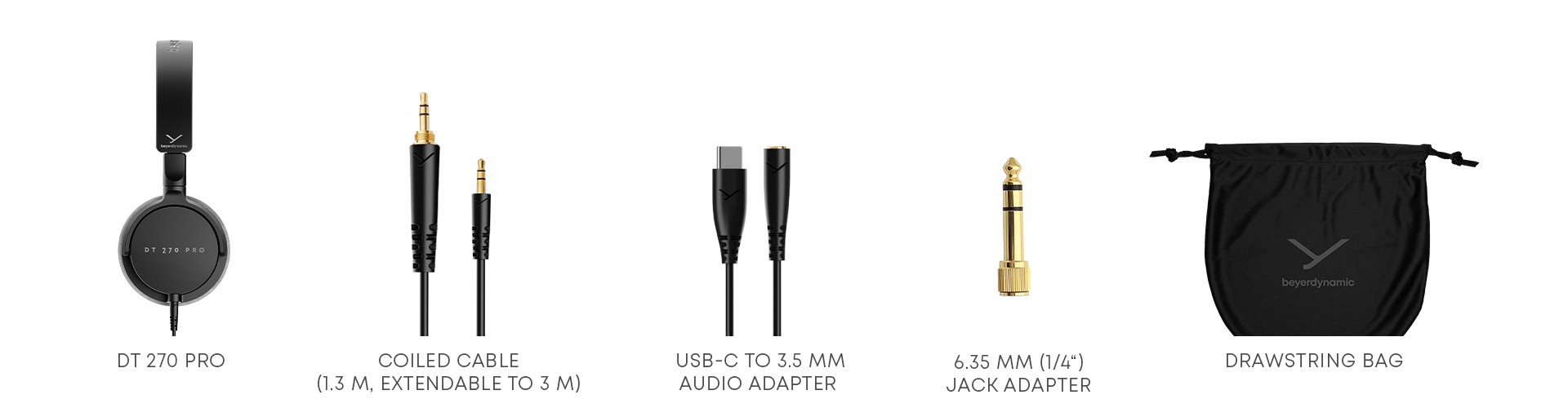 Conteúdo da caixa dos Beyerdynamic DT 270 PRO: auscultadores, cabo em espiral, adaptadores de 6,35 mm e USB-C e bolsa