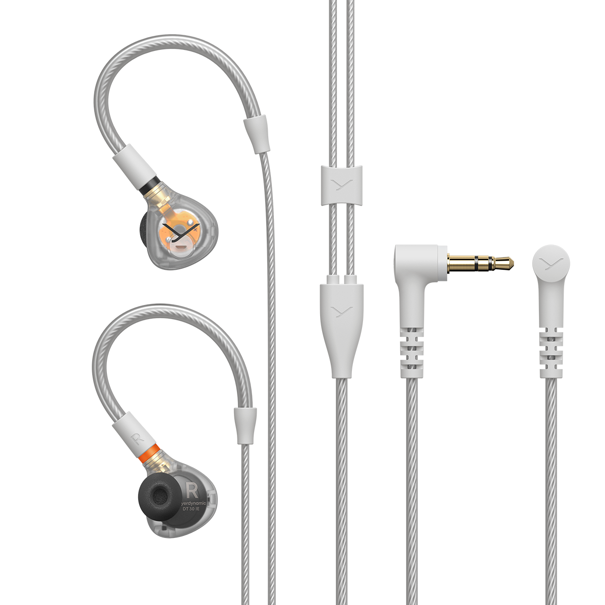 Beyerdynamic DT 30 IE com o cabo completo: guias de orelha, separador e minijack de 3,5 mm em ângulo