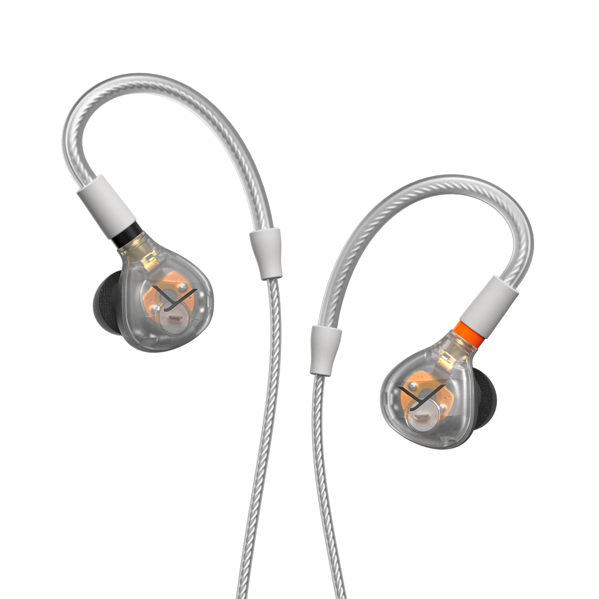 Par de auriculares Beyerdynamic DT 30 IE de caixa transparente com interior laranja e cabo translúcido com guia de orelha