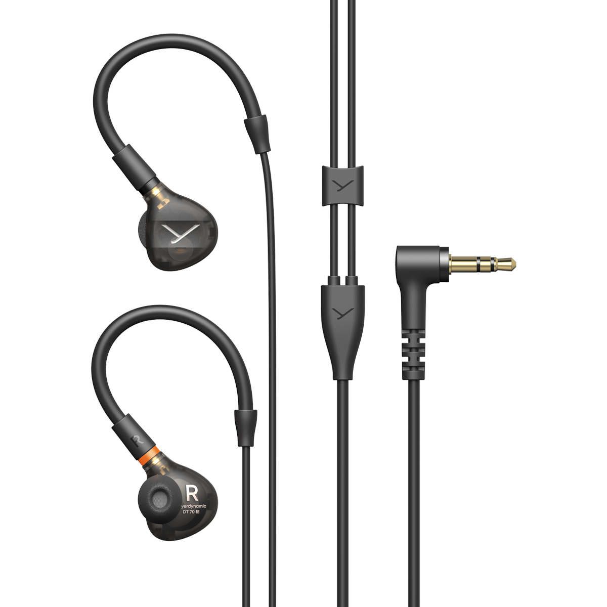 Beyerdynamic DT 70 IE com o cabo MMCX completo, o separador e o minijack de 3,5 mm em ângulo