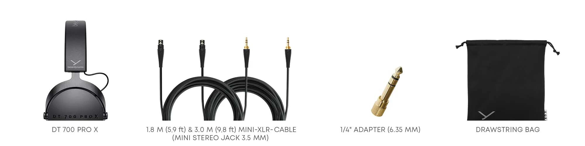 Conteúdo da caixa dos Beyerdynamic DT 700 PRO X: auscultadores, dois cabos mini-XLR, adaptador de 6,35 mm e bolsa