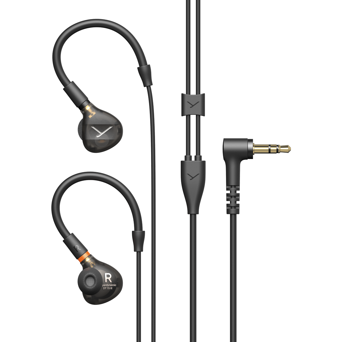Beyerdynamic DT 73 IE com o cabo MMCX completo, o separador e o minijack de 3,5 mm em ângulo