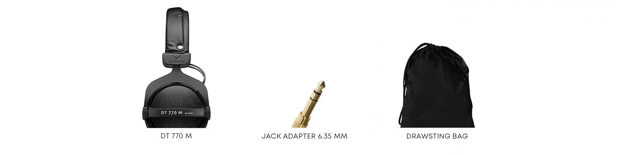 Conteúdo da caixa dos Beyerdynamic DT 770 M: auscultadores, adaptador de jack de 6,35 mm e bolsa com cordão
