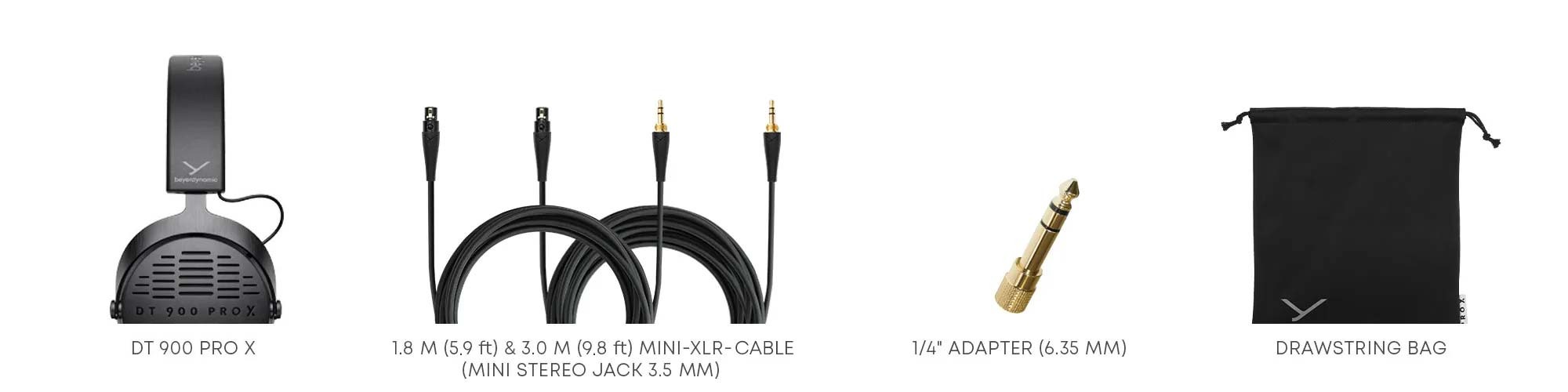 Conteúdo da caixa dos Beyerdynamic DT 900 PRO X: auscultadores, dois cabos mini-XLR, adaptador de 6,35 mm e bolsa