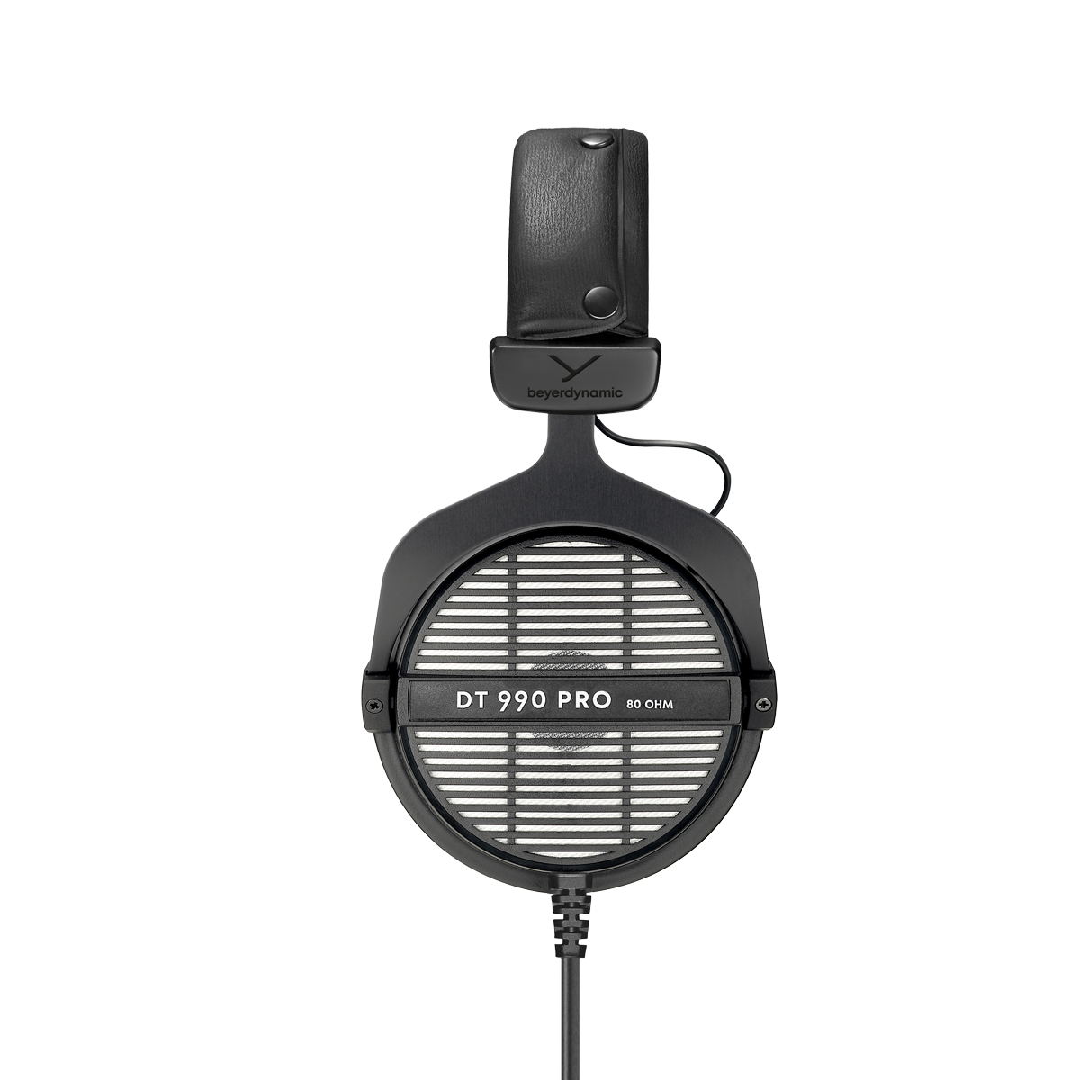 Beyerdynamic DT 990 PRO de 80 ohms visto de frente, com a grelha da concha e a serigrafia 80 OHM