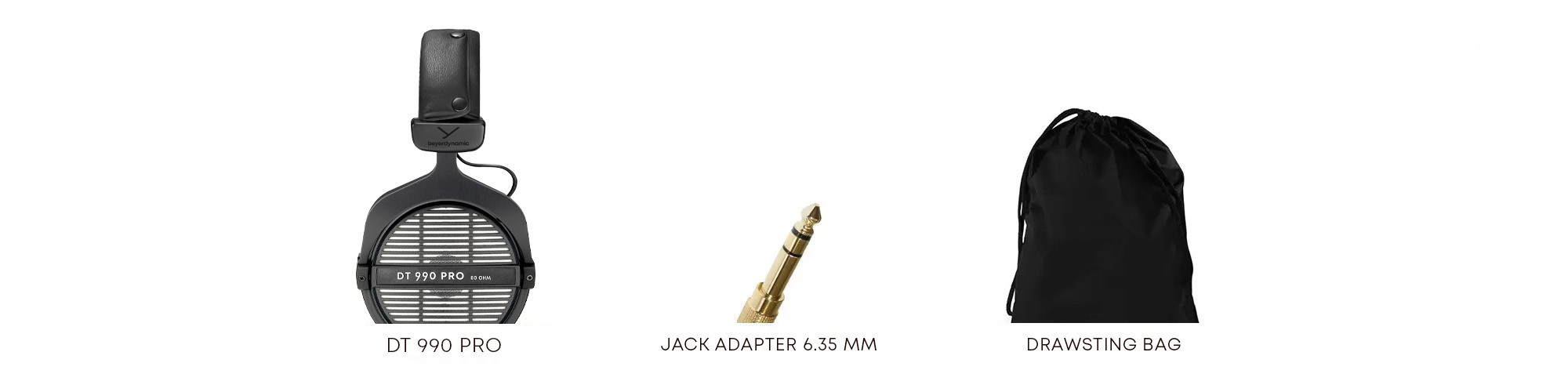 Conteúdo da caixa dos Beyerdynamic DT 990 PRO: auscultadores, adaptador de jack de 6,35 mm e saco de tecido com cordão