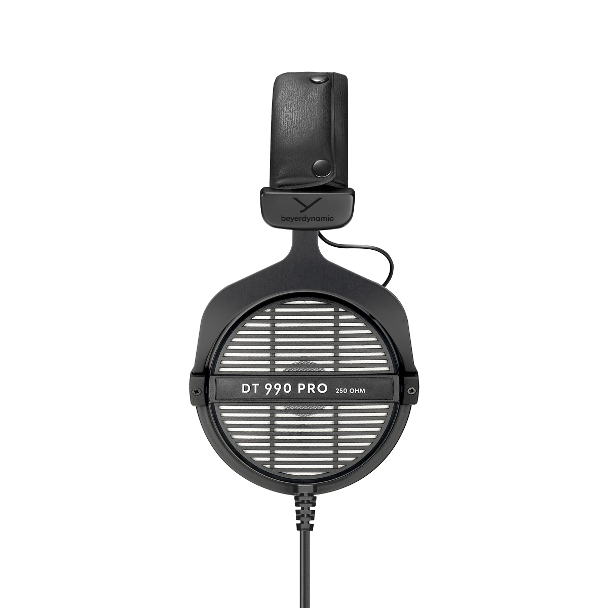 Beyerdynamic DT 990 PRO de 250 ohms visto de frente, com a grelha da concha e a serigrafia 250 OHM