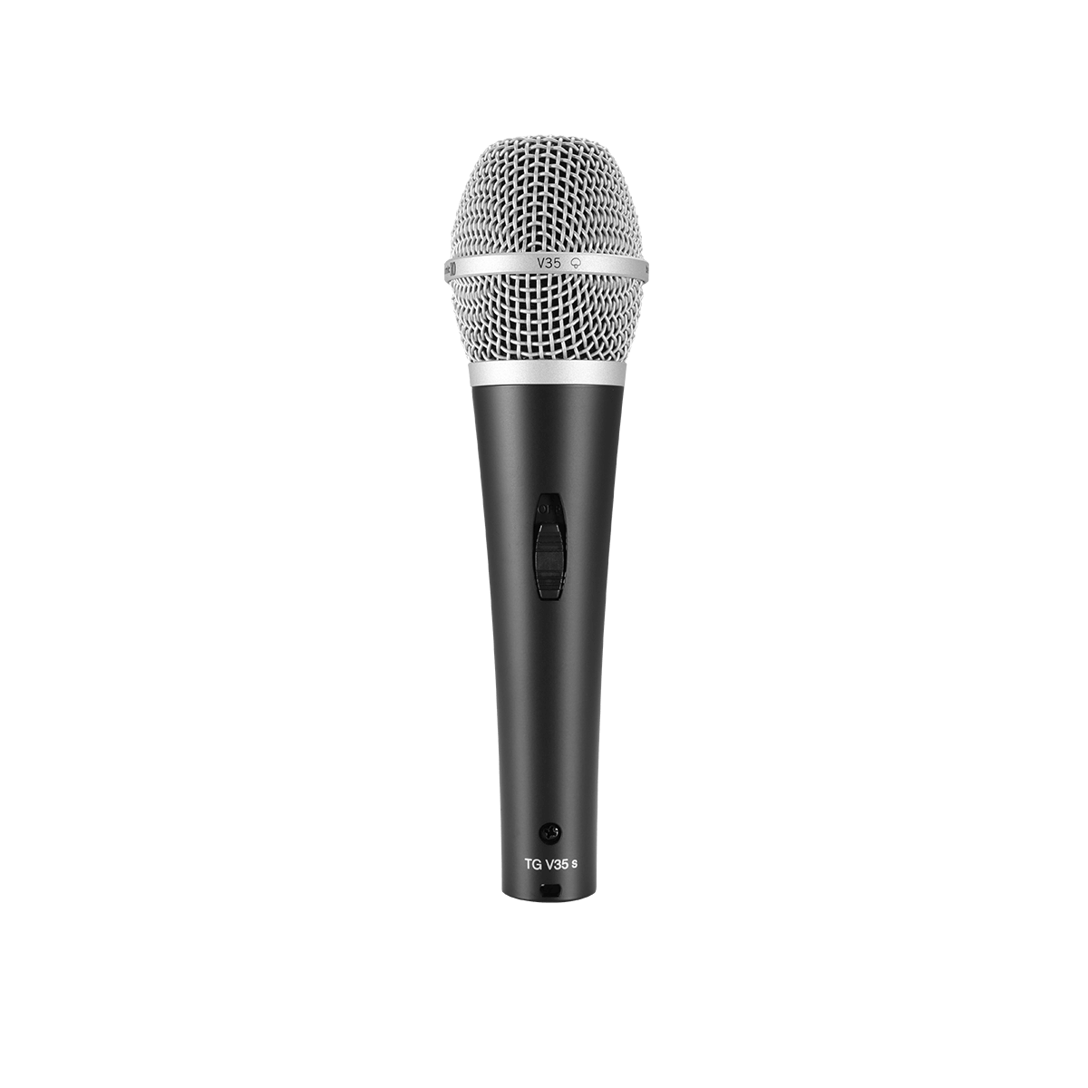 Microfone Beyerdynamic TG V35 s de frente, com grelha metálica, interruptor no corpo e inscrição TG V35 s na base