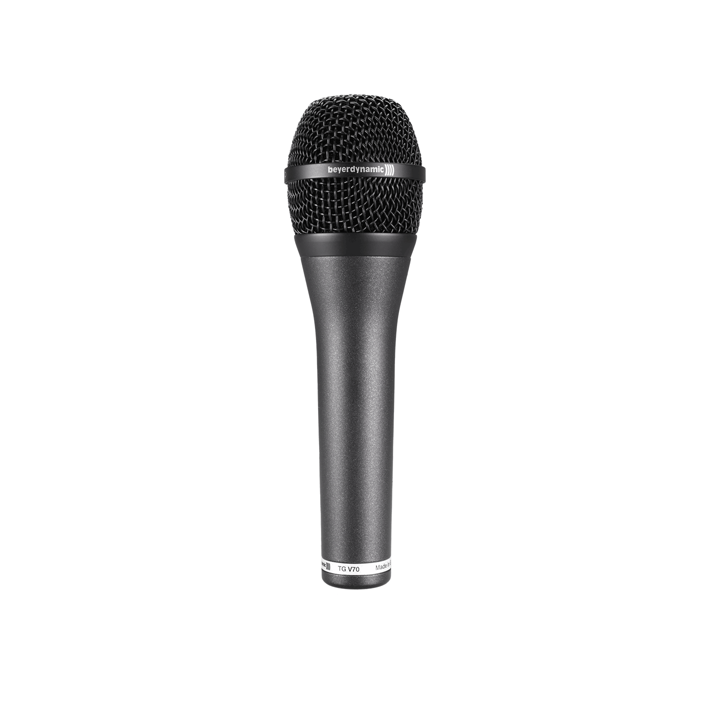 Micrófono Beyerdynamic TG V70 sin interruptor, de frente, con la rotulación TG V70 en el aro